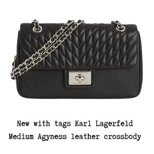 NWT Women KARL LAGERFELD Agyness leather Quilted black crossbody Or shoulder bag
